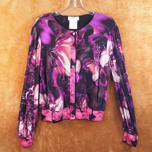 FUZZI Top Womens XL Purple Floral Cardigan Butterfly Stretch Jean Paul Gaultier